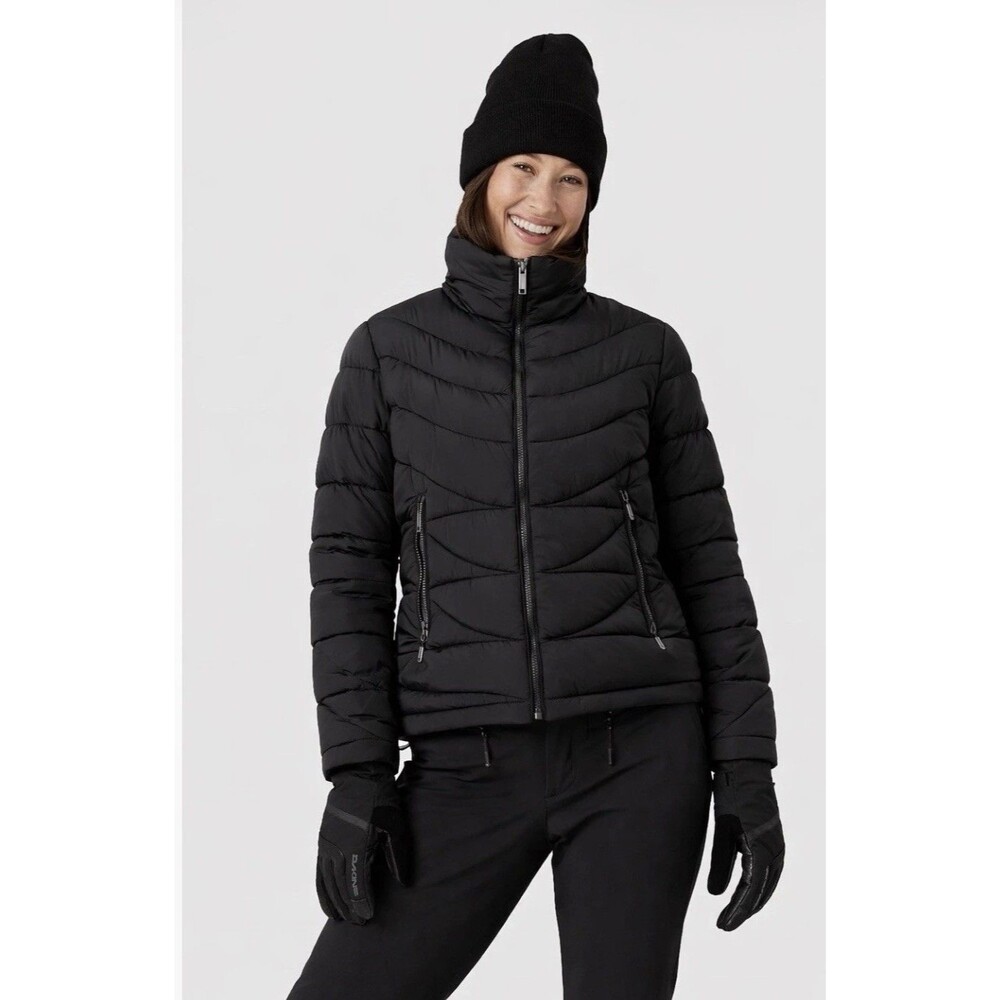 ROXY Christal Black Puffer Jacket M Packable Hood Zip Lightweight
